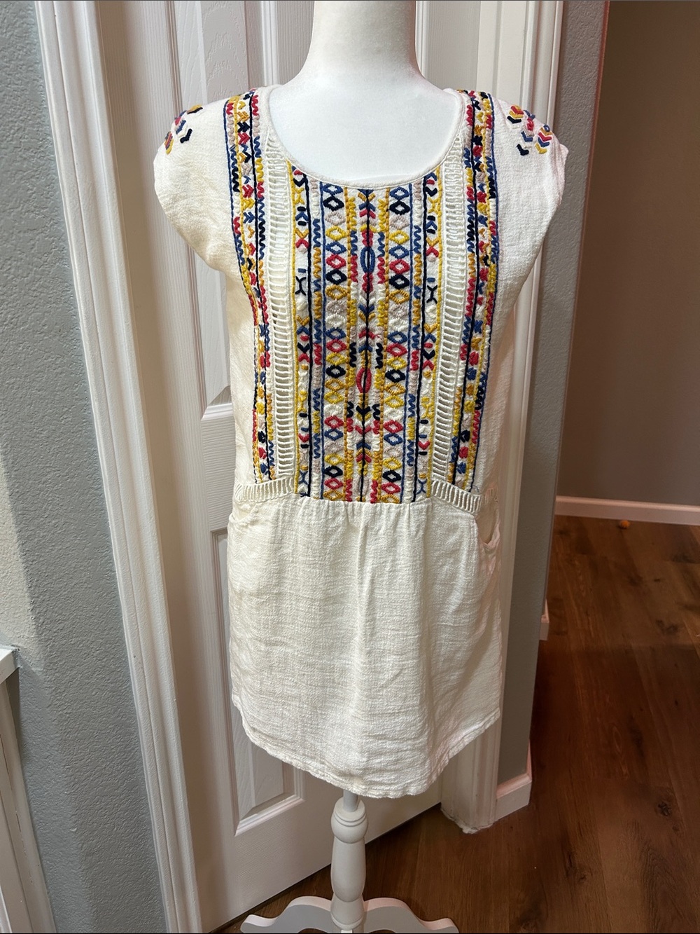 White Linen and viscose short embroidered dress with Multicolor Accents